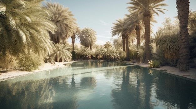 Бесплатное фото Миражоподобный оазис с пальмами и мерцающим бассейном в засушливой пустыне.