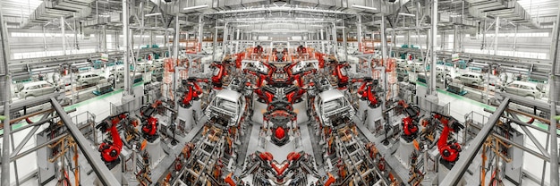 Mirror Panoramic Photo Automobile production line Welding car body Modern car assembly plant