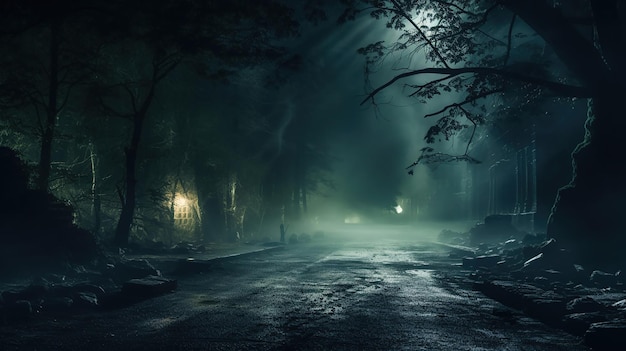 Бесплатное фото Туманный лес под лунным светом с абстрактным боке