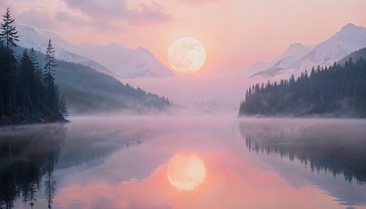 Free Photo misty lake at sunrise aesthetic