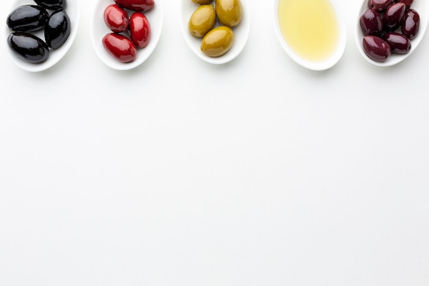 Mix of colorful olives with copy space