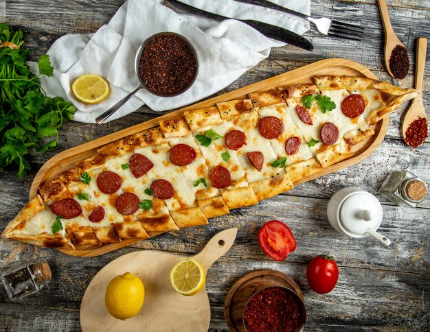 Mix pide  cheese and sausage  top view