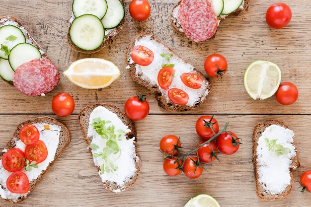 Mix of sandwiches and tomatoes