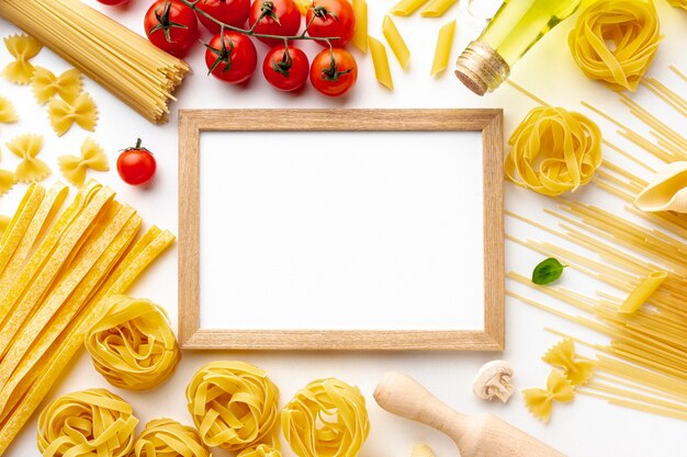 Mix of uncooked pasta tomatoes and frame mock-up