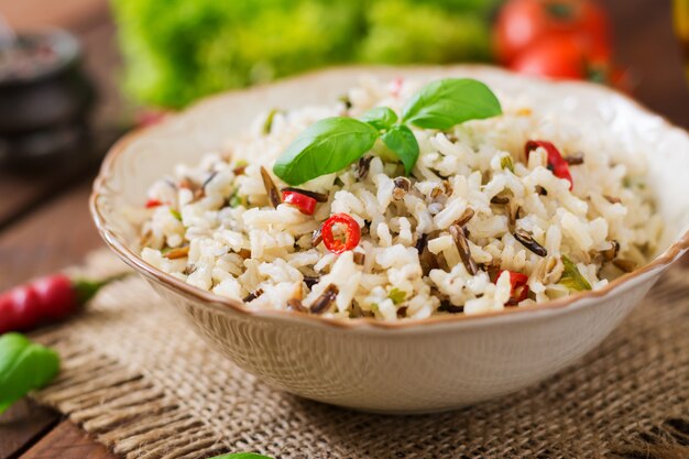 Mixed boiled rice with chilli and basil. Dietary menu.