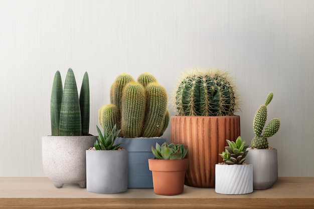 Mixed cacti on a shelf