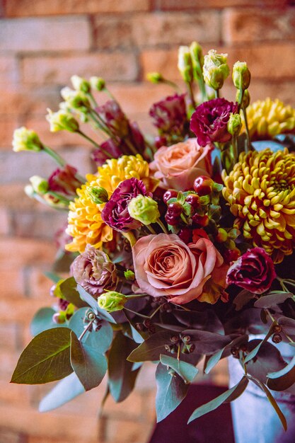 Mixed flower composition roses lithianthus chrysanthemums