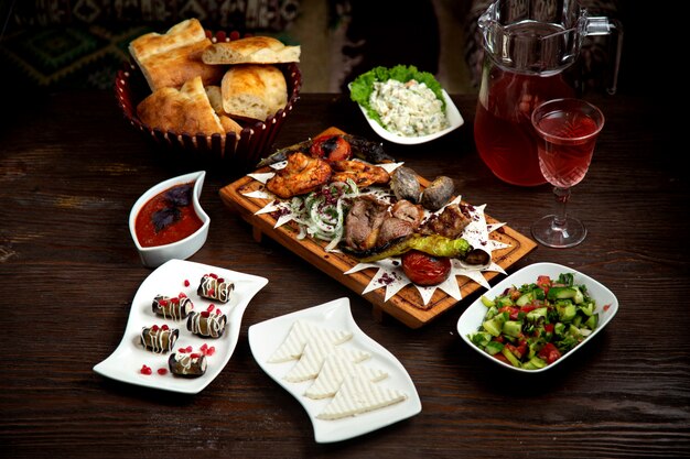 Mixed fried meat with eggplant rolls