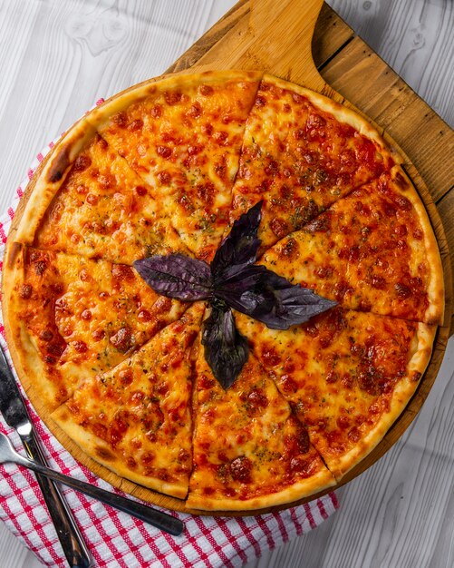 Mixed ingredient pizza with red basilic leaves.