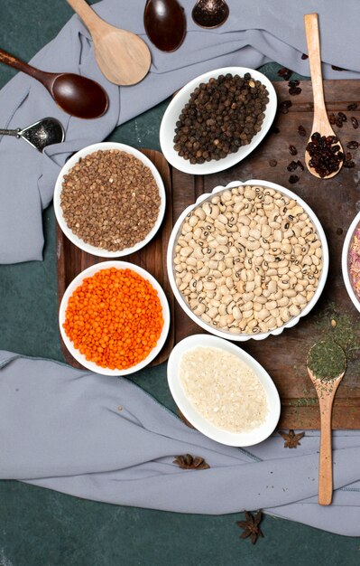 Mixed legumes in white bowls