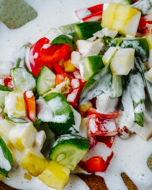 Mixed salad prepared with vegetables herbs and sause