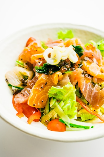 Mixed seafood salad with salmon tuna squid and other fish