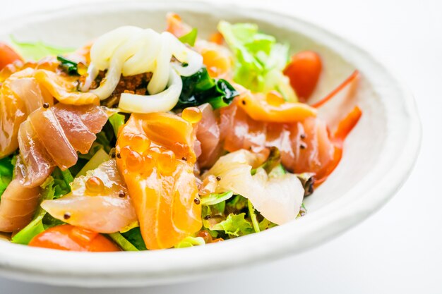 Mixed seafood salad with salmon tuna squid and other fish