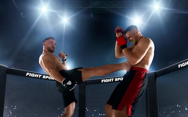 Free photo mma fighters on professional ring fighting championship