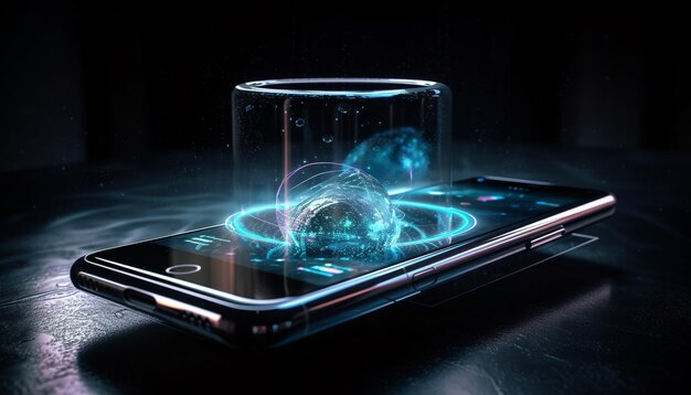 Мобильный телефон светится в синем отражающем стекле, созданном искусственным интеллектом