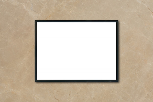 Free photo mock up blank poster picture frame hanging on brown marble wall in room - can be used mockup for montage products display and design key visual layout.