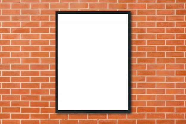 Mock up blank poster picture frame hanging on red brick wall background in room