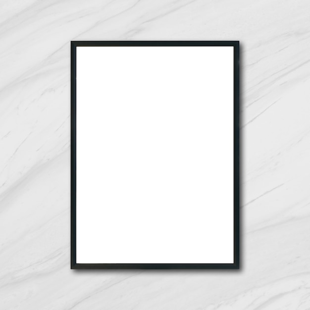 Mock up blank poster picture frame hanging on white marble wall in room - can be used mockup for montage products display and design key visual layout.