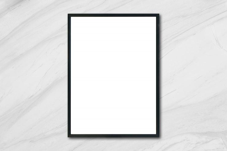 Free Photo mock up blank poster picture frame hanging on white marble wall in room - can be used mockup for montage products display and design key visual layout.