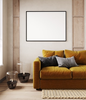 Mock up frame in home interior background, beige room in scandi-boho style, 3d render
