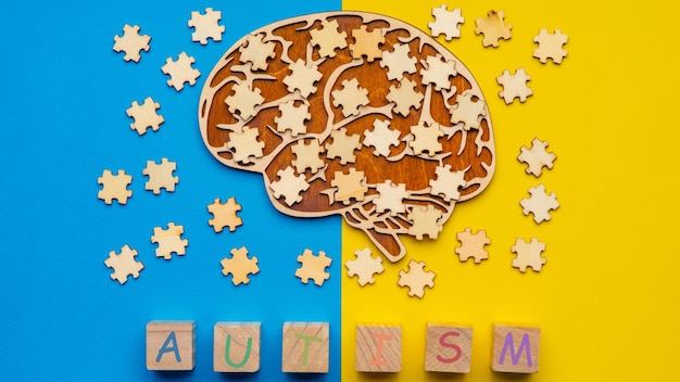 Макет человеческого мозга с разбросанными кусочками головоломки на желто-синем фоне. шесть кубиков с надписью аутизм.