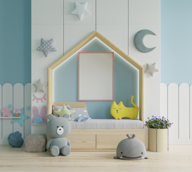 Mock up poster frame in children room,kids room,nursery mockup,blue wall