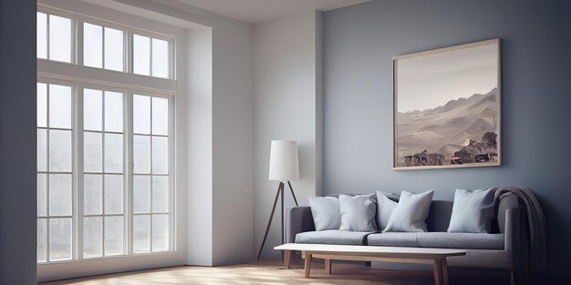 Mock up poster frame in modern interior background living room Scandinavian style Generative AI illustration