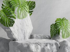 Mock up rocks podium for product presentation with a cement background.3d rendering