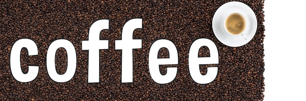 Free photo mockup of coffee beans in form of the word coffee and cup of espresso top view