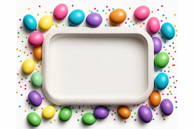 Mockup of colorful easter eggs and frame on white backgroundAI generative