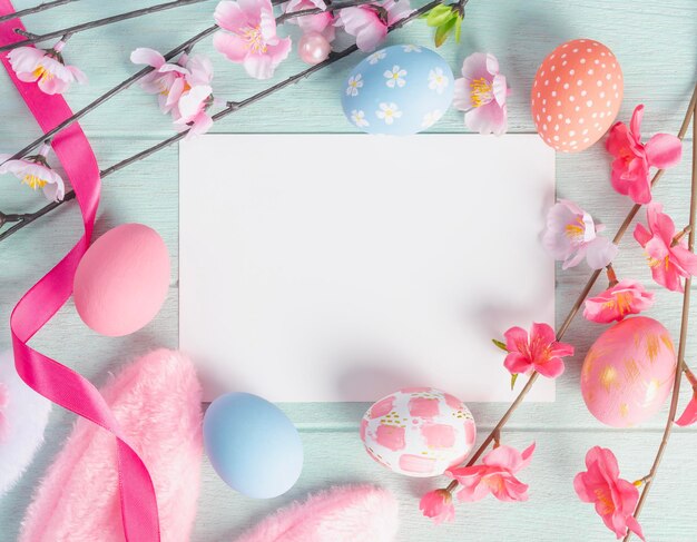 Mockup Easter card for Easter Day with Easter eggs and spring flowers Top view with copy space