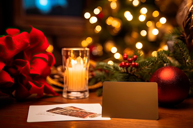 Free photo mockup empty card on wooden table with christmas decoration background