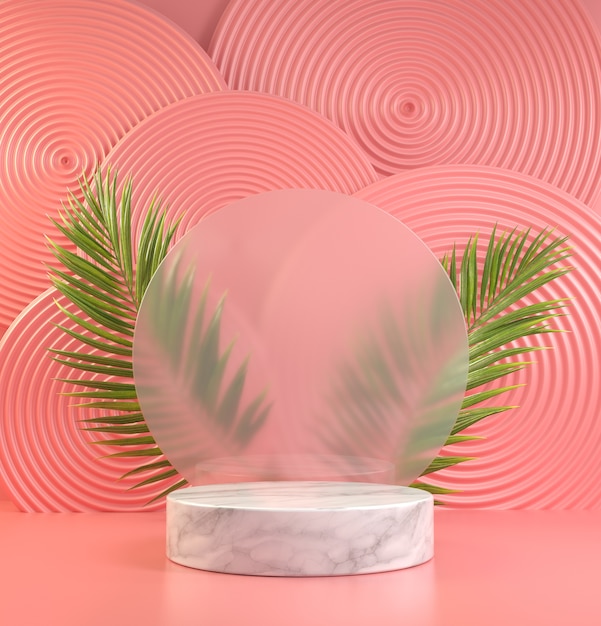 Mockup minimal white podium display on blur glass with natural palm leaves and pink abstract background 3d render