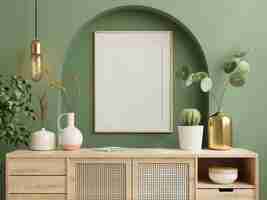 Free photo mockup photo frame green wall mounted on the wooden cabinet