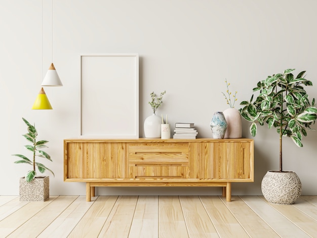 Mockup photo frame on the wooden cabinet with beautiful plants,3d rendering