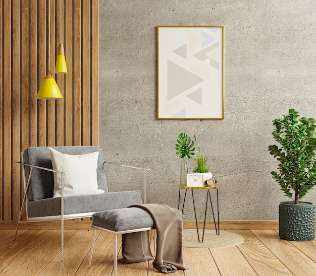 Mockup poster frame in a modern living room with an empty concrete wall.3d rendering