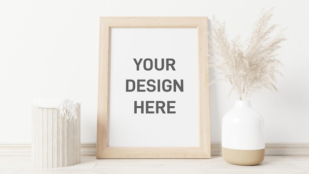 A mockup of a poster frame on a whitewashed wall with a vase on the floor. 3d rendering.