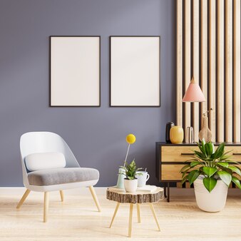 Mockup due frame nell'interno del soggiorno con parete vuota viola.3d rendering