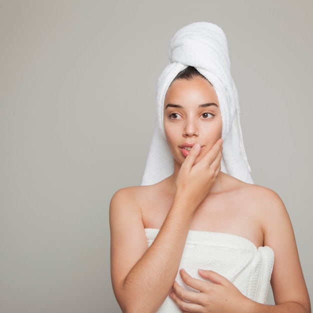 Model posing after shower