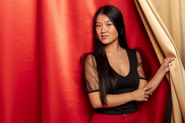 Model posing with curtain for new chinese year