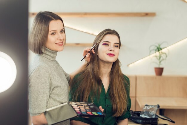 Model and stylist looking at mirror