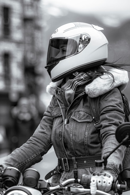 Foto gratuita ritratto di una modella che indossa un casco da motociclista