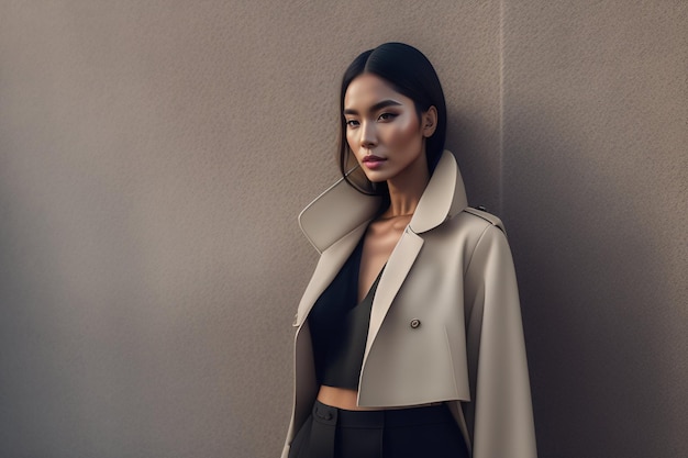 A model wears a beige trench coat from the brand new collection.
