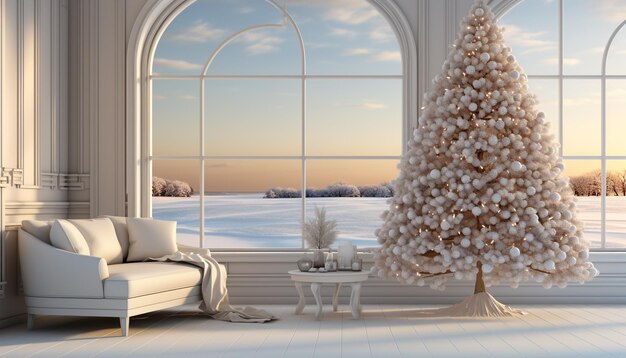エレガントなデザインの快適なソファと人工知能によって生成された雪の窓を備えたモダンなアパートメント
