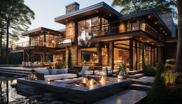 Современный дизайн архитектуры освещает комфортную роскошь в деревянном доме, созданном искусственным интеллектом
