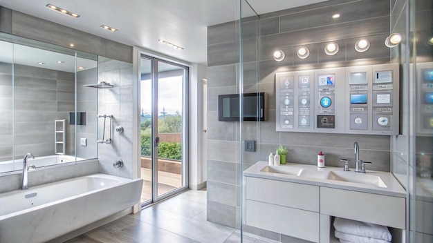 Modern bathroom with a bathtub double sink vanity and smart home technology