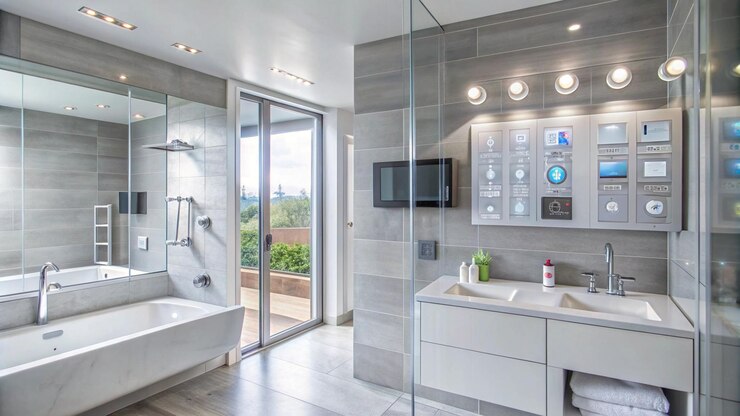 Modern bathroom with a bathtub double sink vanity and smart home technology