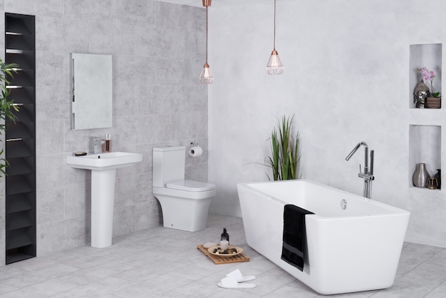 Modern bathroom with a toilet and bathtub