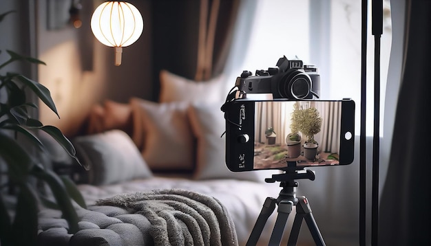 Foto gratuita camera da letto moderna con attrezzatura fotografica e intelligenza artificiale generativa del treppiede