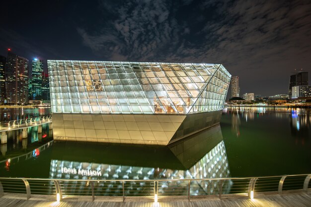 Modern building illuminated at night